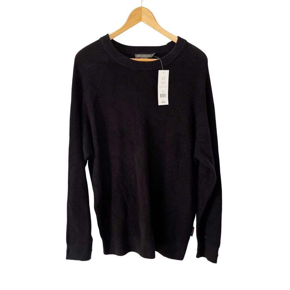 French Connection NWT Black‎ USA Waffle Knit Cotton Crewneck Sweater
